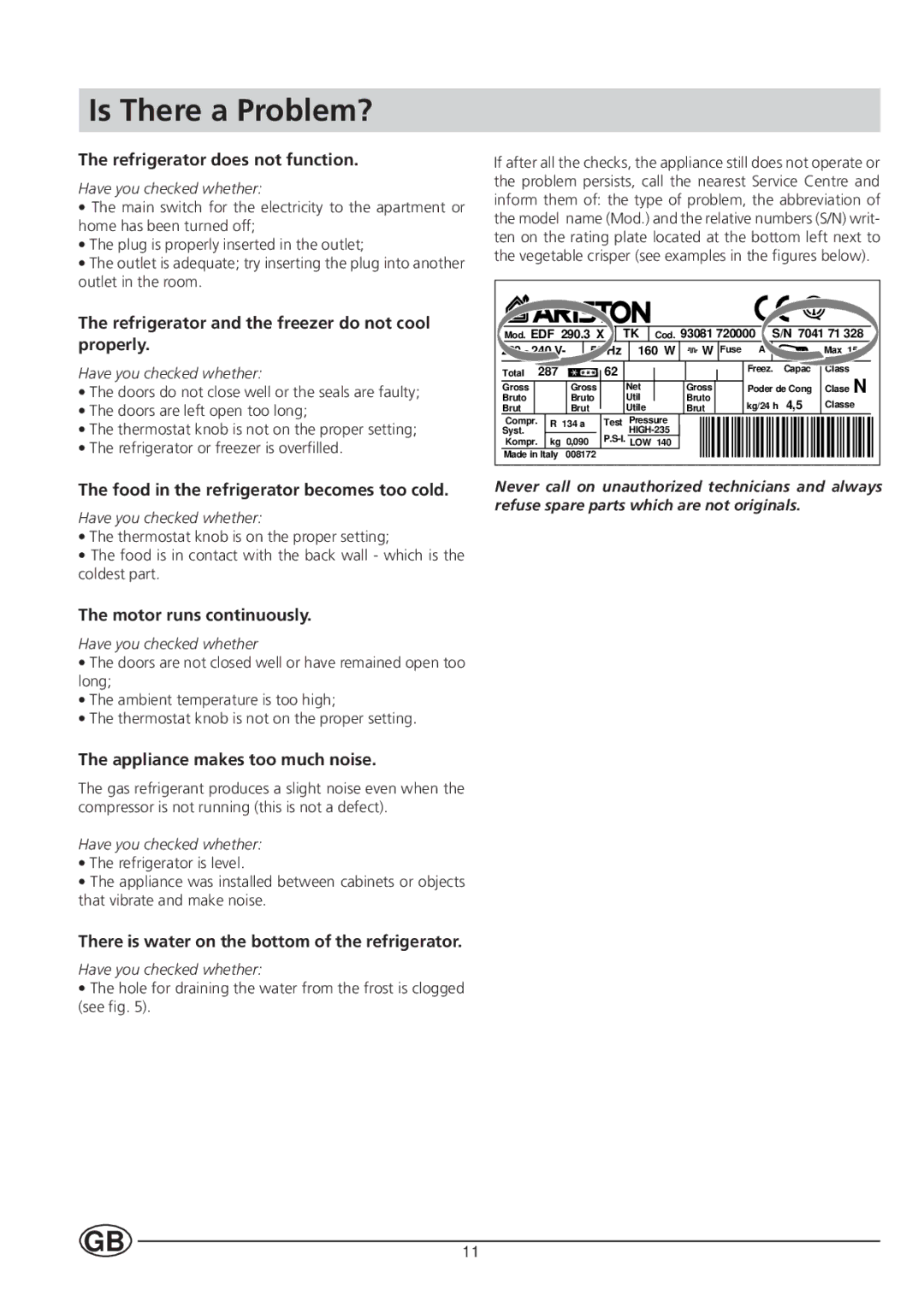 Ariston BC 311 I manual Is There a Problem?, Refrigerator does not function 