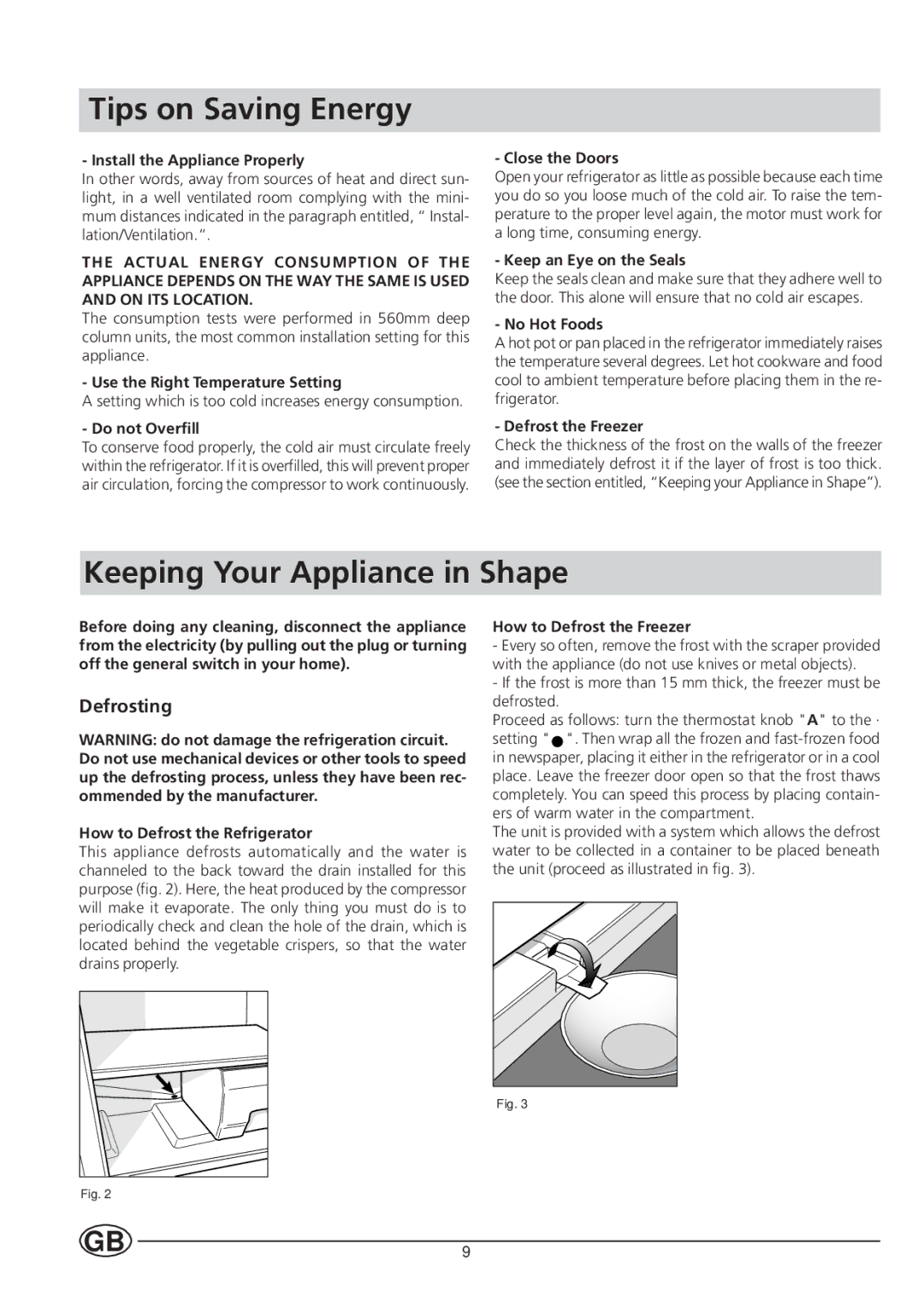 Ariston BC 311 I manual Tips on Saving Energy, Keeping Your Appliance in Shape, Defrosting 