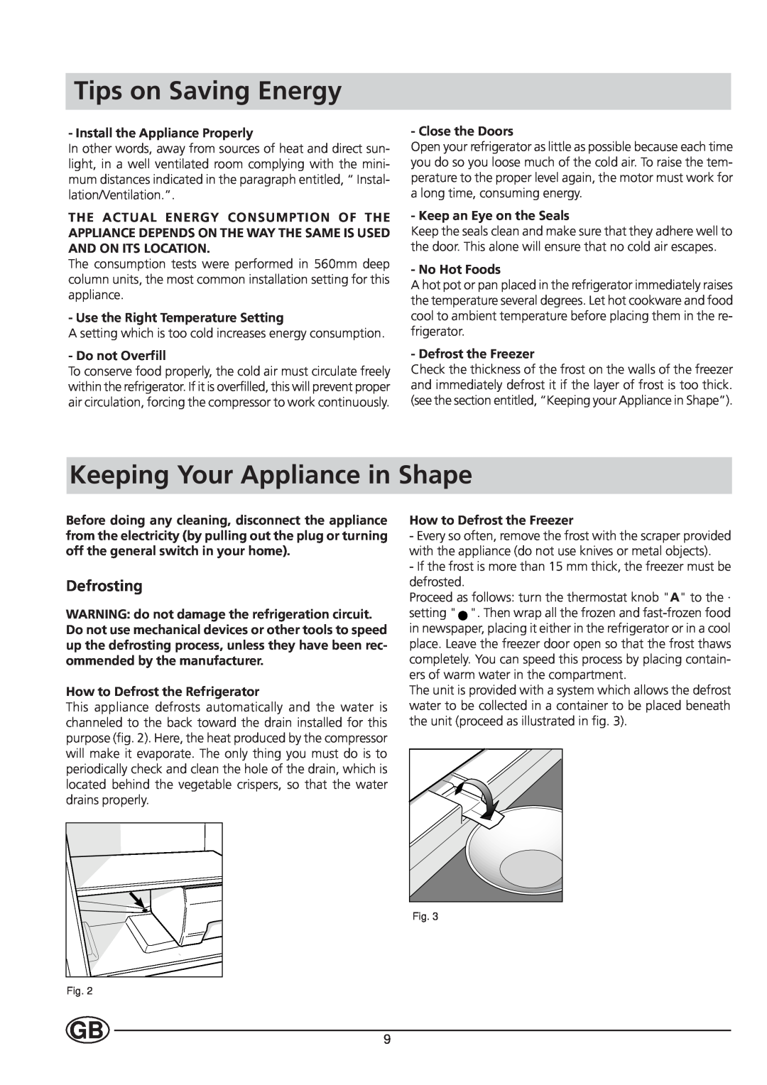 Ariston BC 311 I manual Tips on Saving Energy, Keeping Your Appliance in Shape, Defrosting 
