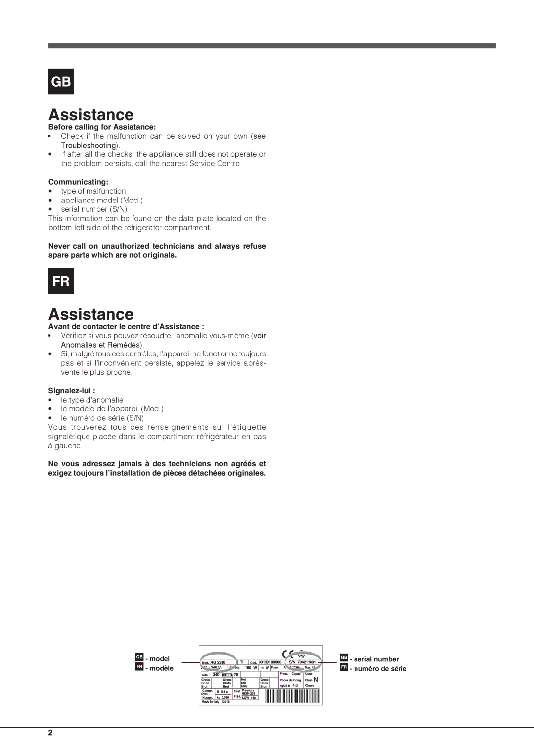 Ariston BCB 33 A F (AUS) manual Before calling for Assistance, Communicating, Avant de contacter le centre d’Assistance 