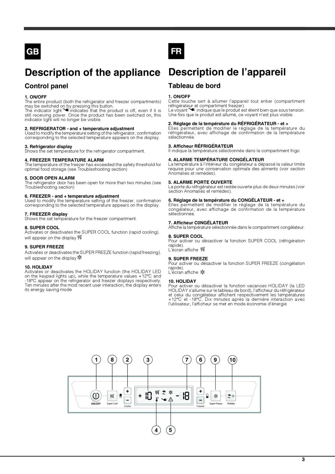 Ariston BCB 33 A F (AUS) manual Description of the appliance, Description de l’appareil, Control panel, Tableau de bord 