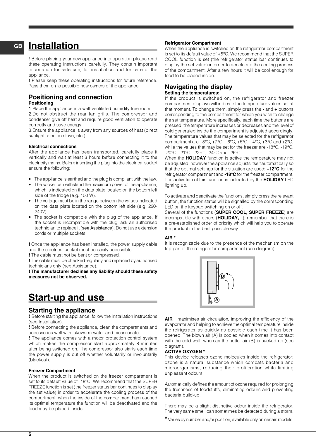 Ariston BCB 33 A F (AUS) manual GB Installation, Start-up and use, Positioning and connection, Starting the appliance 