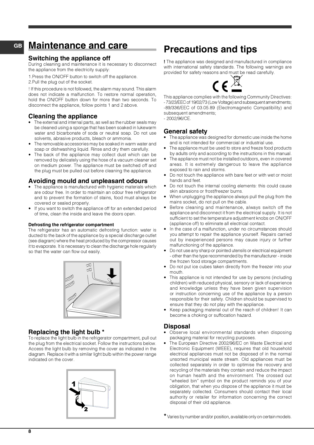 Ariston BCB 33 A F (AUS) manual GB Maintenance and care, Precautions and tips 