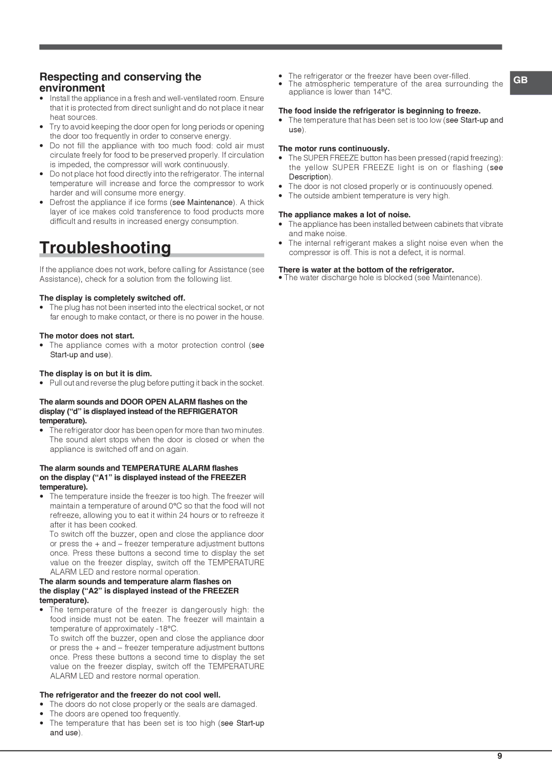 Ariston BCB 33 A F (AUS) manual Troubleshooting, Respecting and conserving the environment 