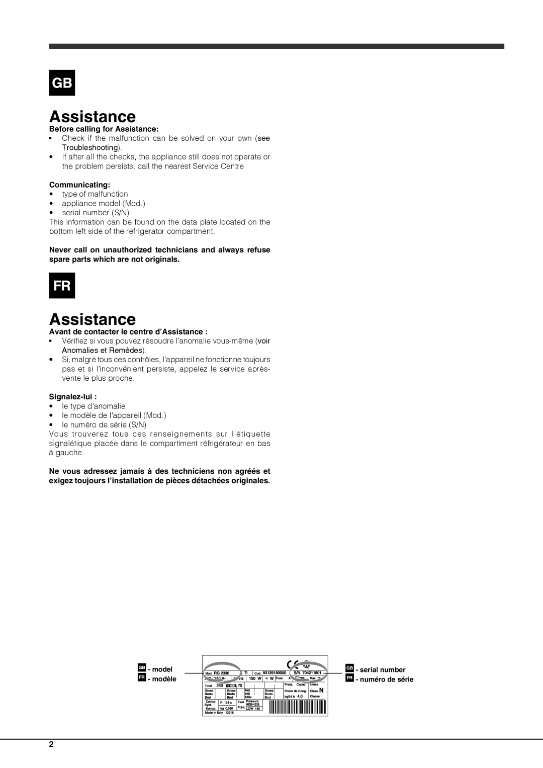 Ariston BCB 33 A F (AUS) manual Before calling for Assistance, Communicating, Avant de contacter le centre d’Assistance 