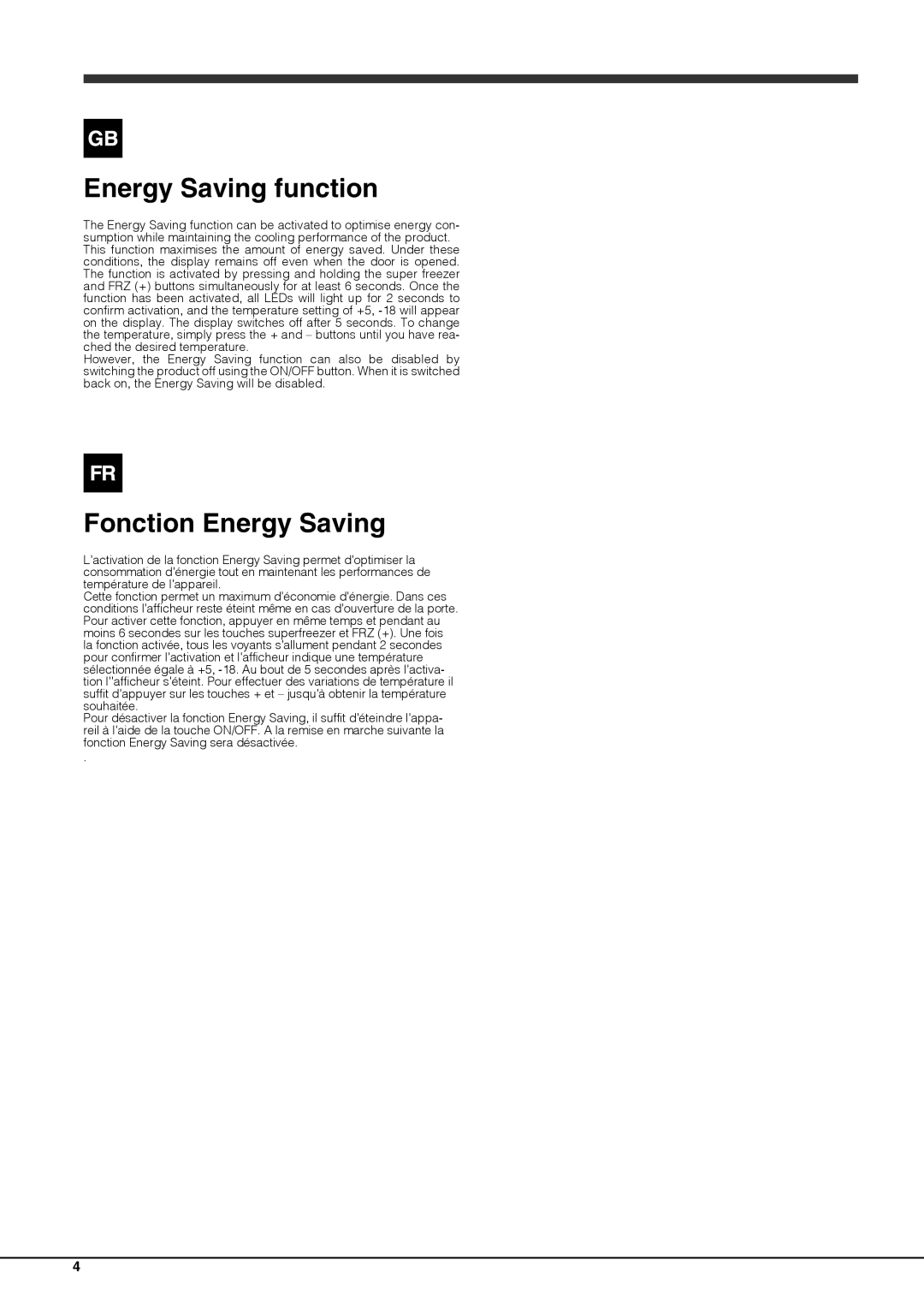 Ariston BCB 33 A F (AUS) manual Energy Saving function, Fonction Energy Saving 