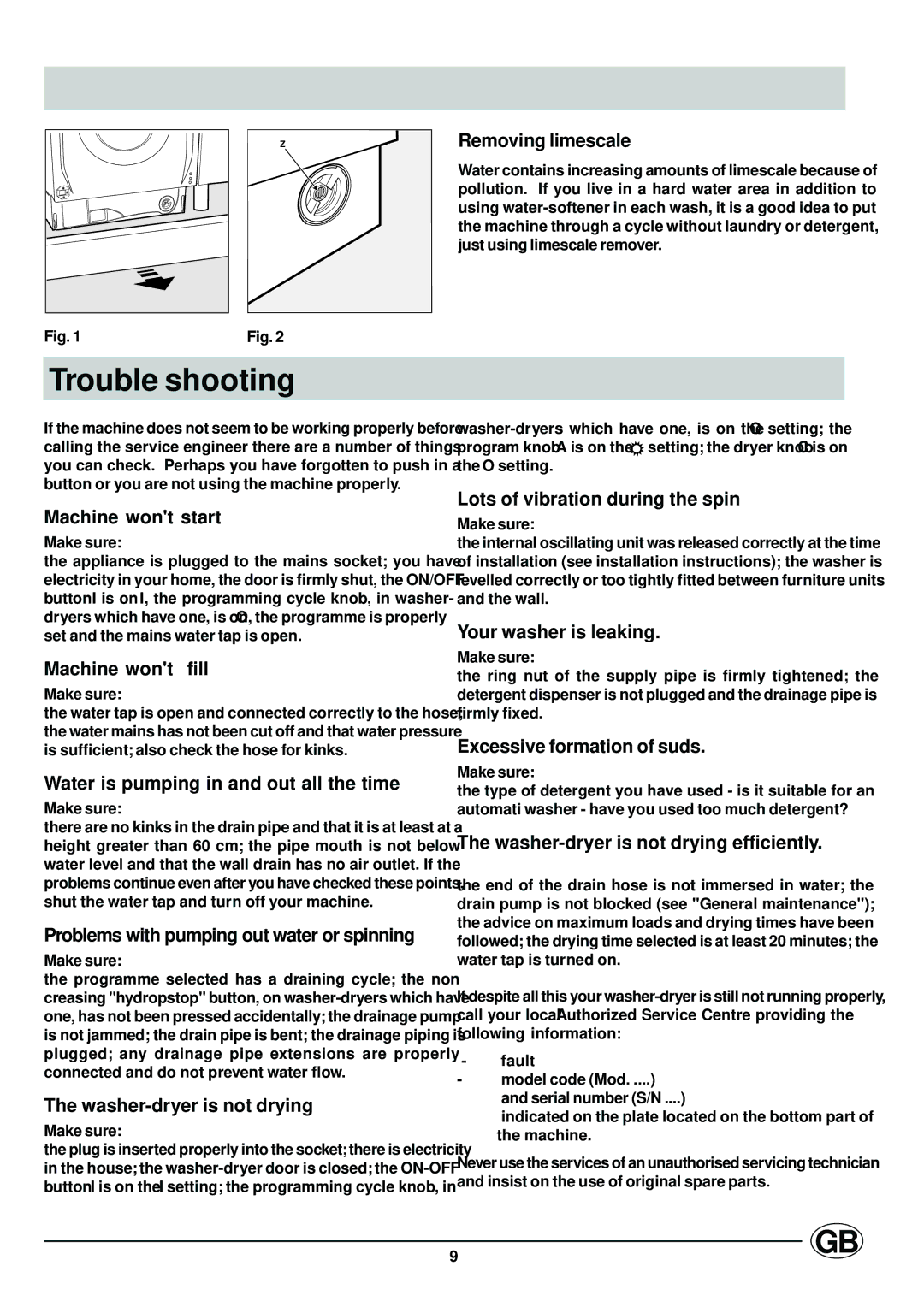 Ariston CD12TUK manual Trouble shooting 