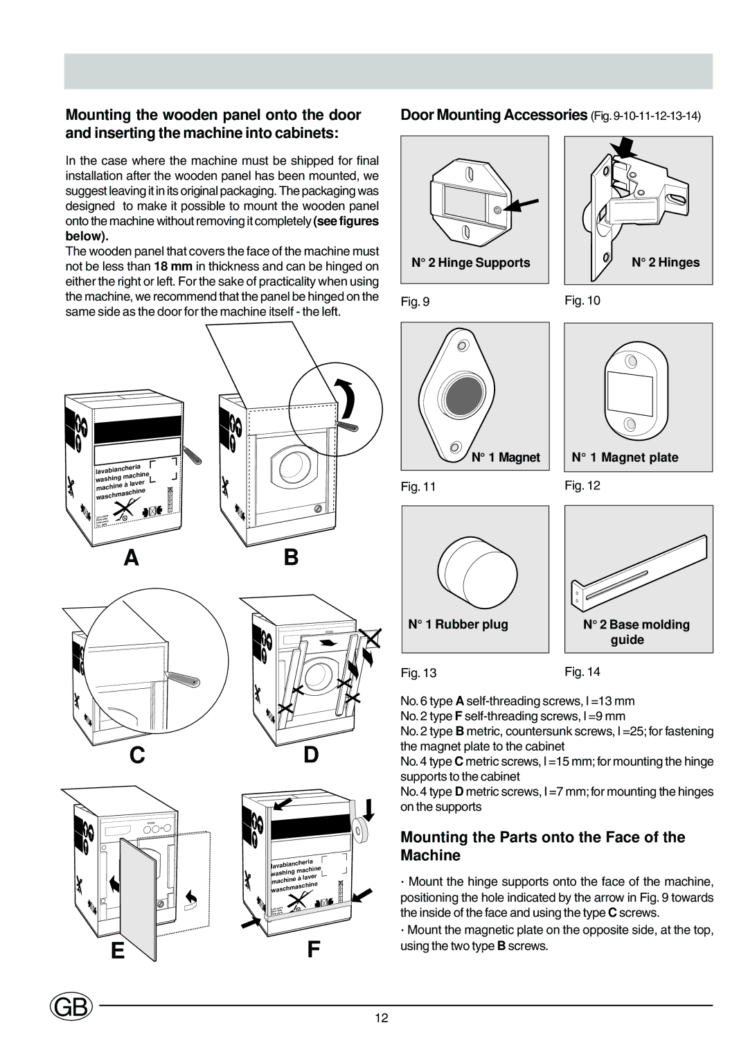 Ariston CD12TUK Door Mounting Accessories Fig, Mounting the Parts onto the Face of the Machine, Hinge Supports Hinges 