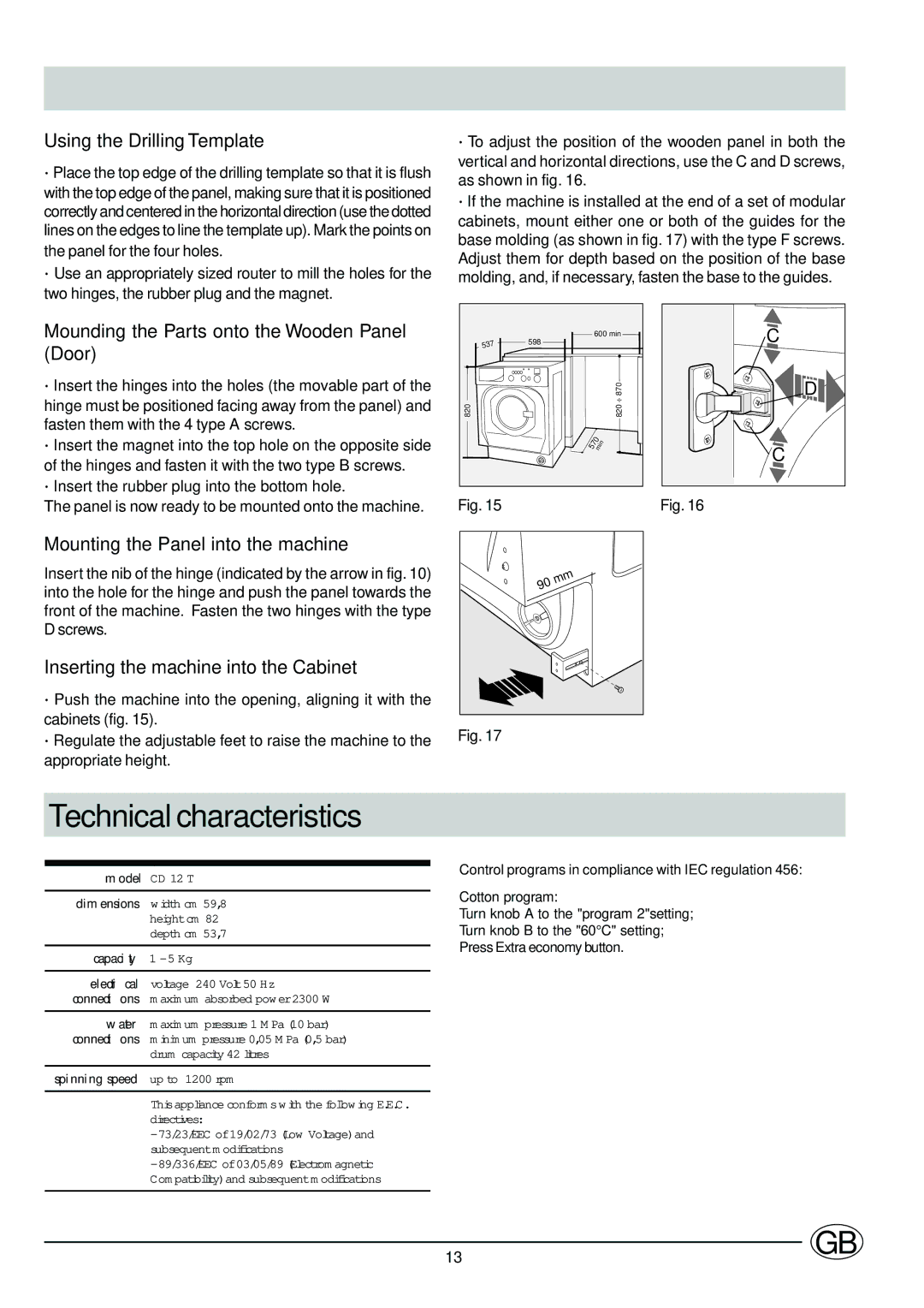 Ariston CD12TUK Technical characteristics, Using the Drilling Template, Mounding the Parts onto the Wooden Panel Door 