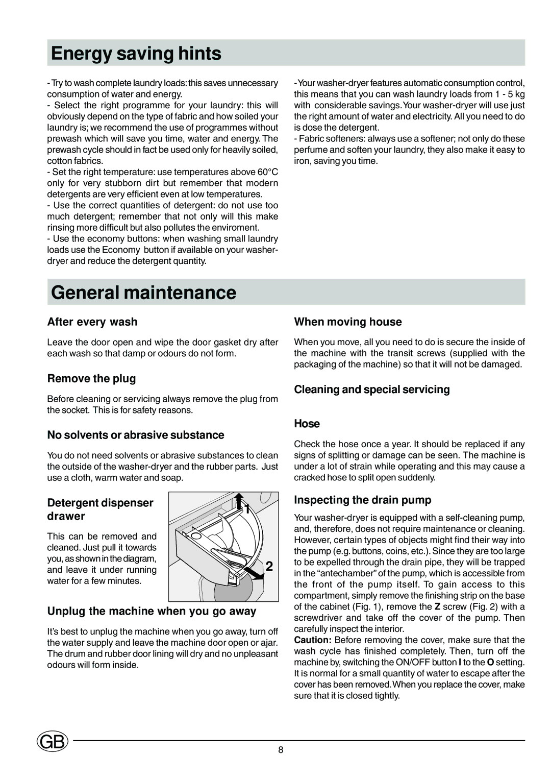 Ariston CD12TUK manual Energy saving hints, General maintenance 