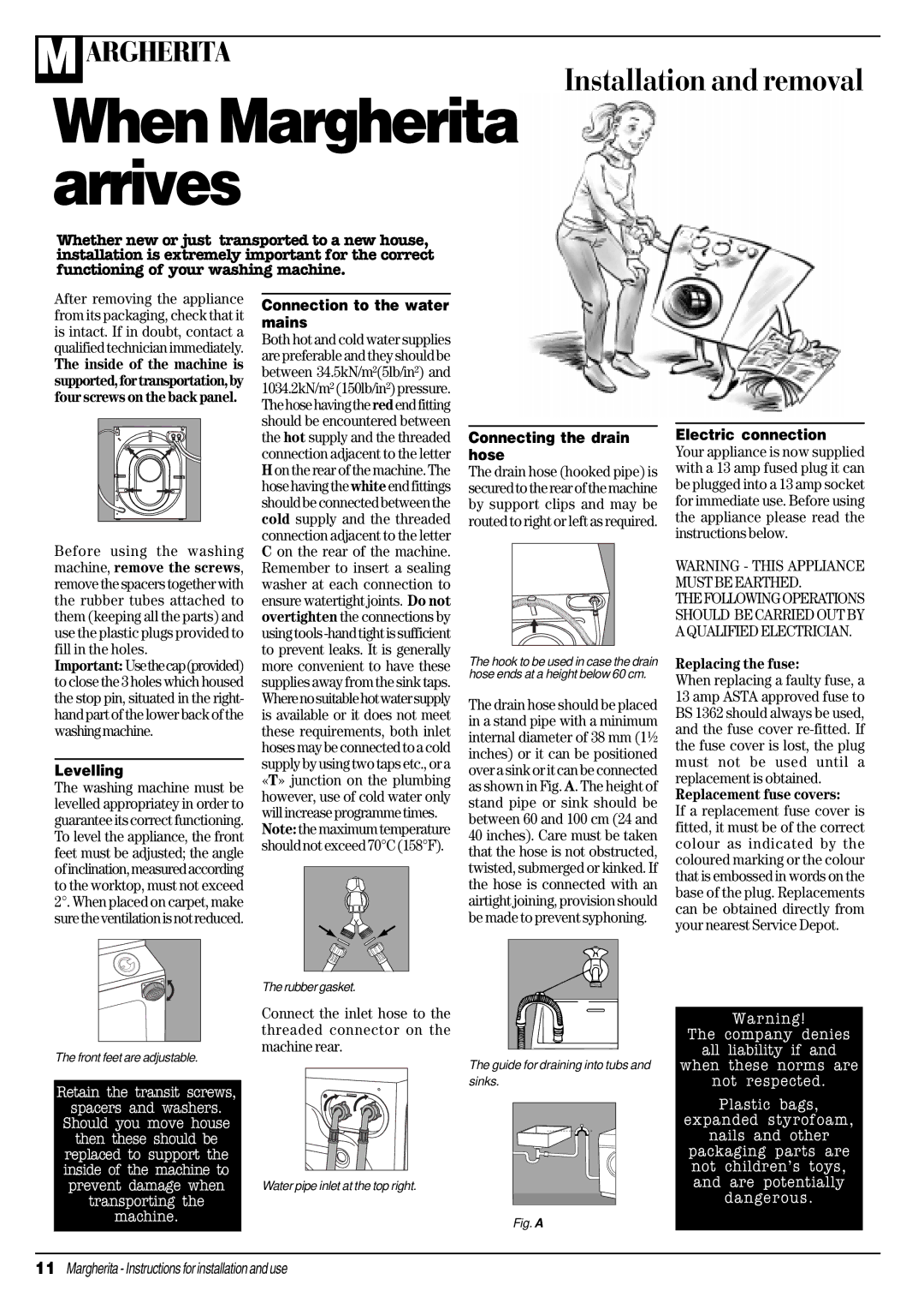 Ariston CDE 12x manual Levelling, Connection to the water mains, Connecting the drain hose, Electric connection 