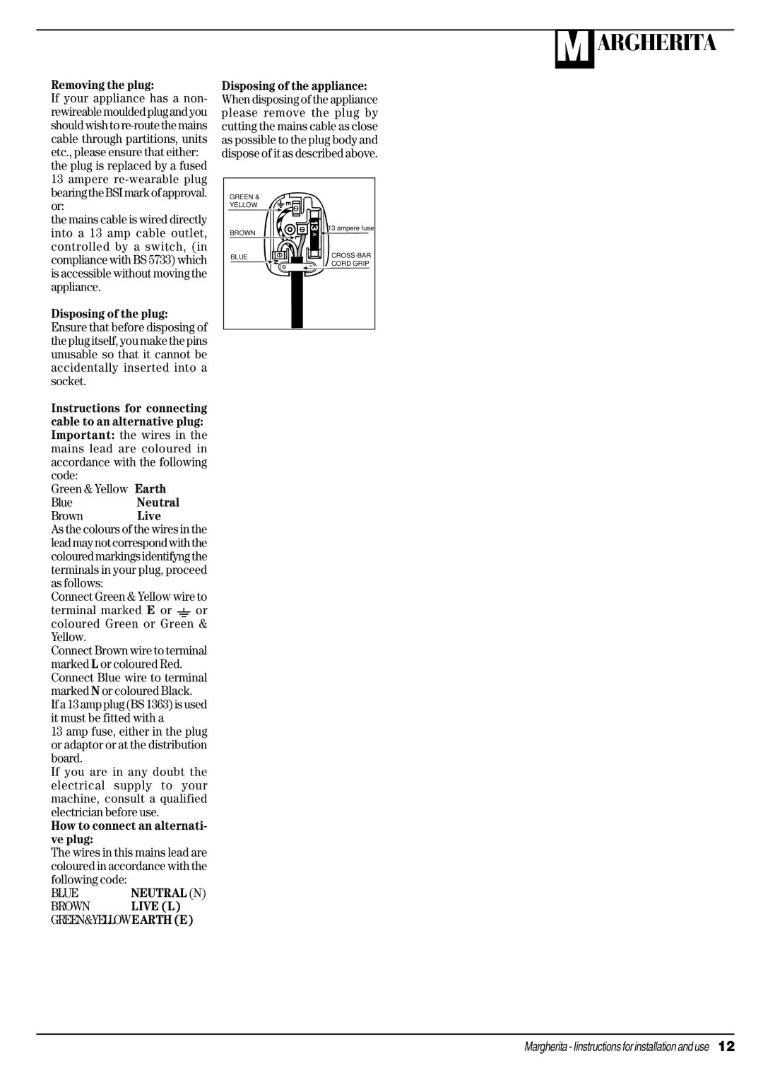 Ariston CDE 12x manual Removing the plug, Ampere re-wearable plug bearing the BSI mark of approval. or 