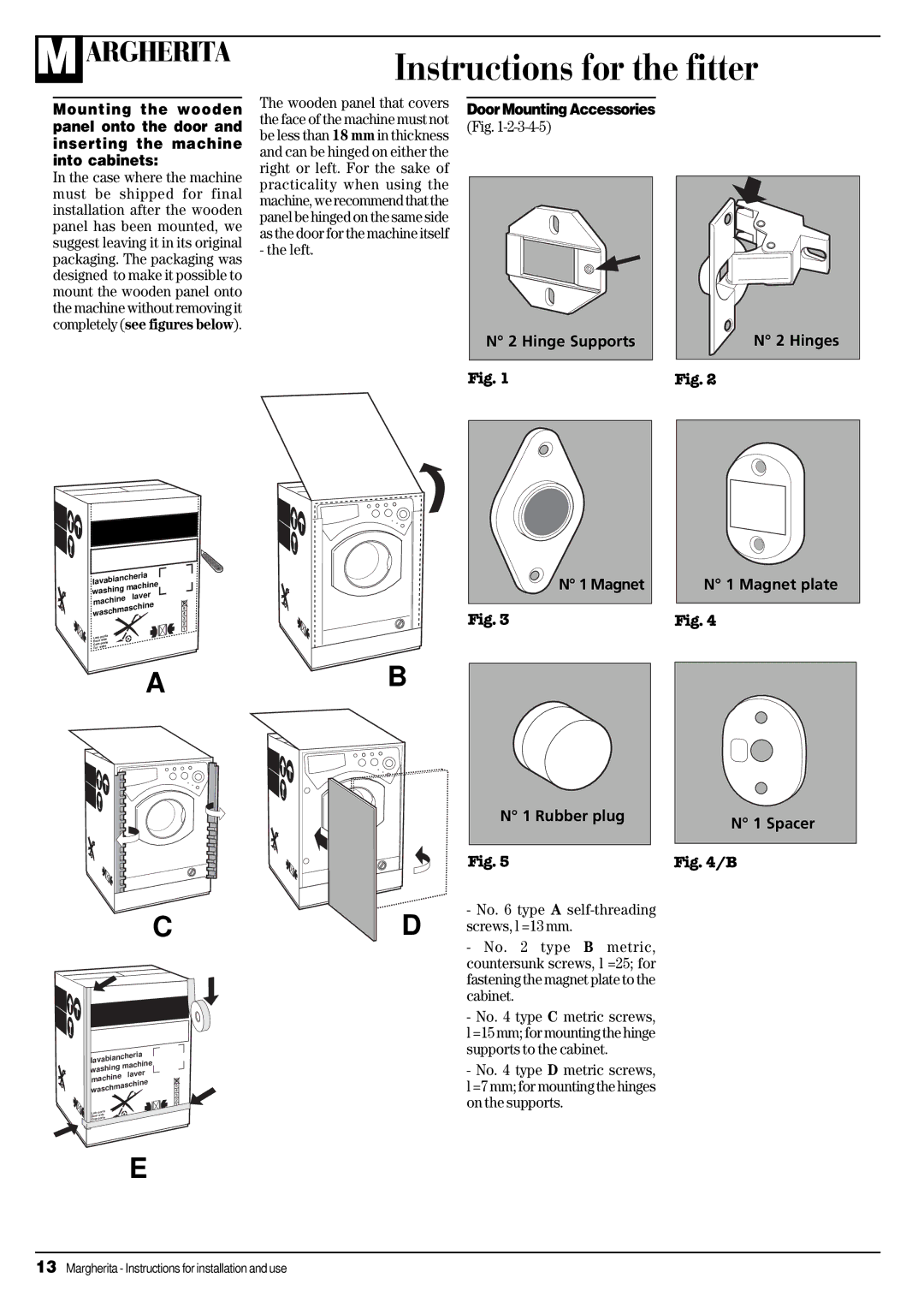 Ariston CDE 12x manual Instructions for the fitter, Door Mounting Accessories 