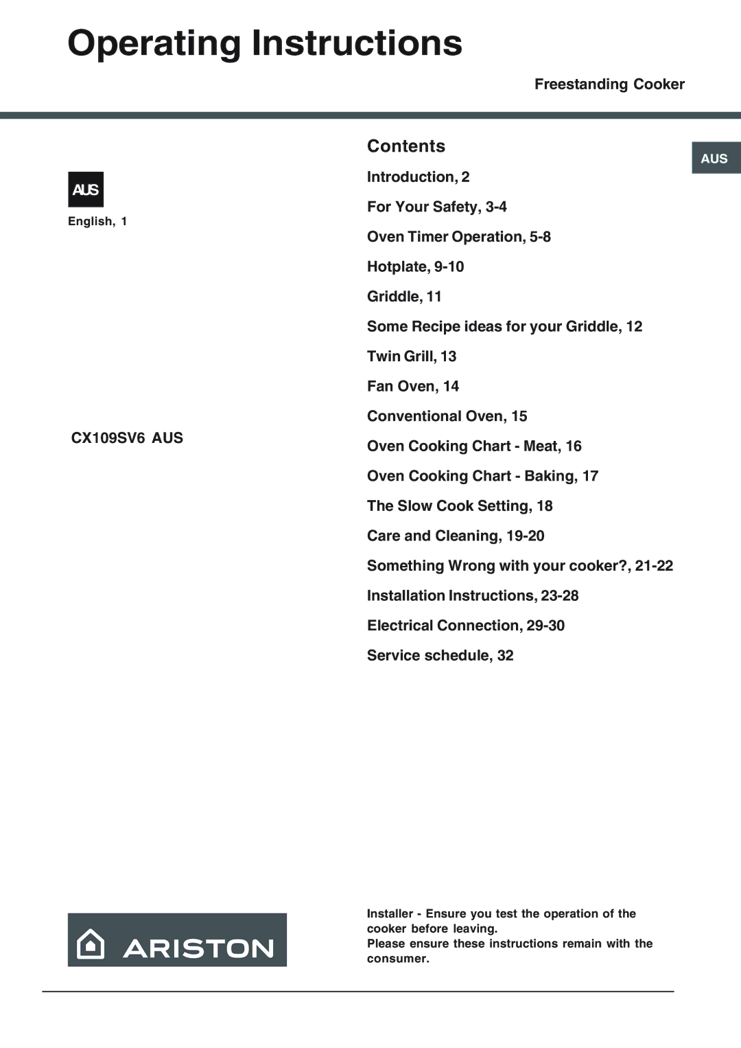 Ariston CX109SV6 installation instructions Operating Instructions, Contents 