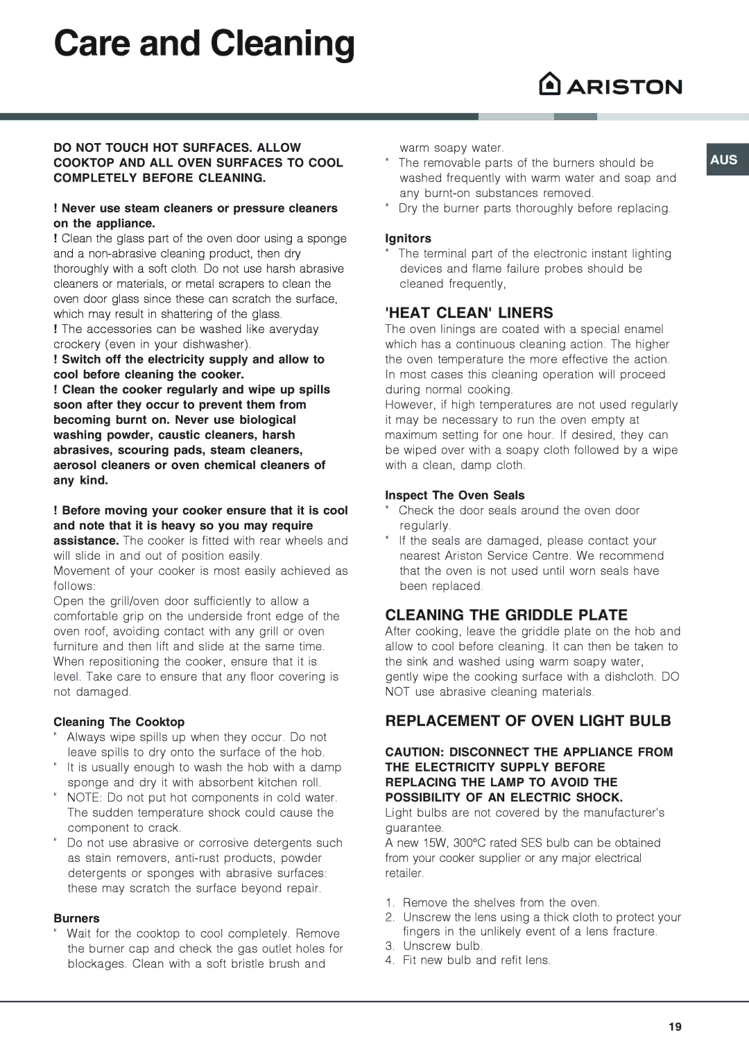 Ariston CX109SV6 Care and Cleaning, Heat Clean Liners, Cleaning the Griddle Plate, Replacement of Oven Light Bulb 