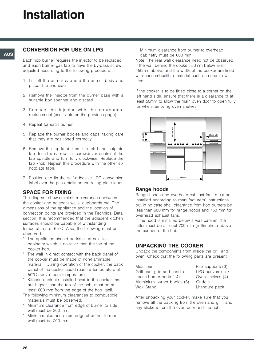 Ariston CX109SV6 installation instructions Conversion for USE on LPG, Space for Fixing, Unpacking the Cooker 