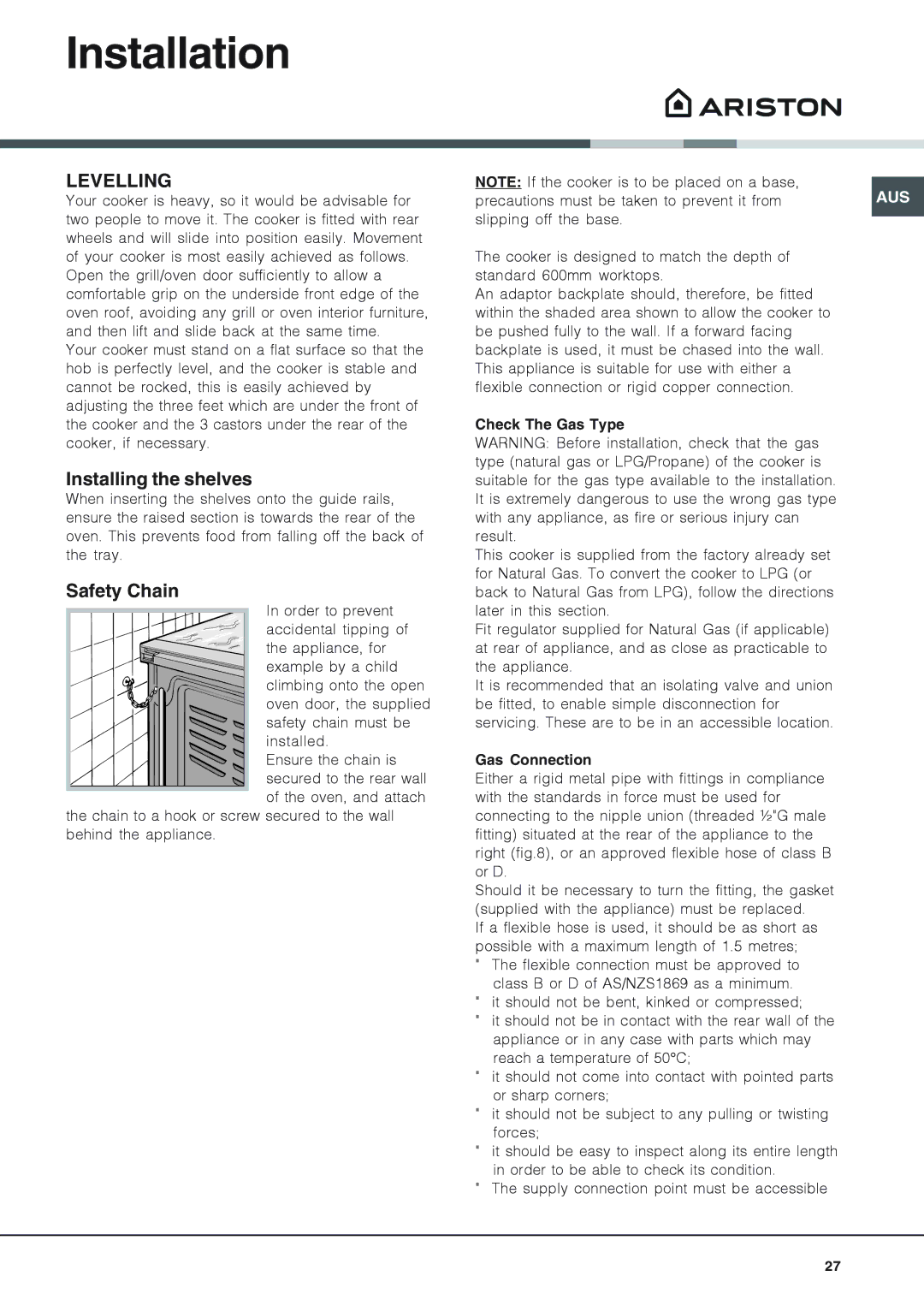 Ariston CX109SV6 installation instructions Levelling, Check The Gas Type, Gas Connection 