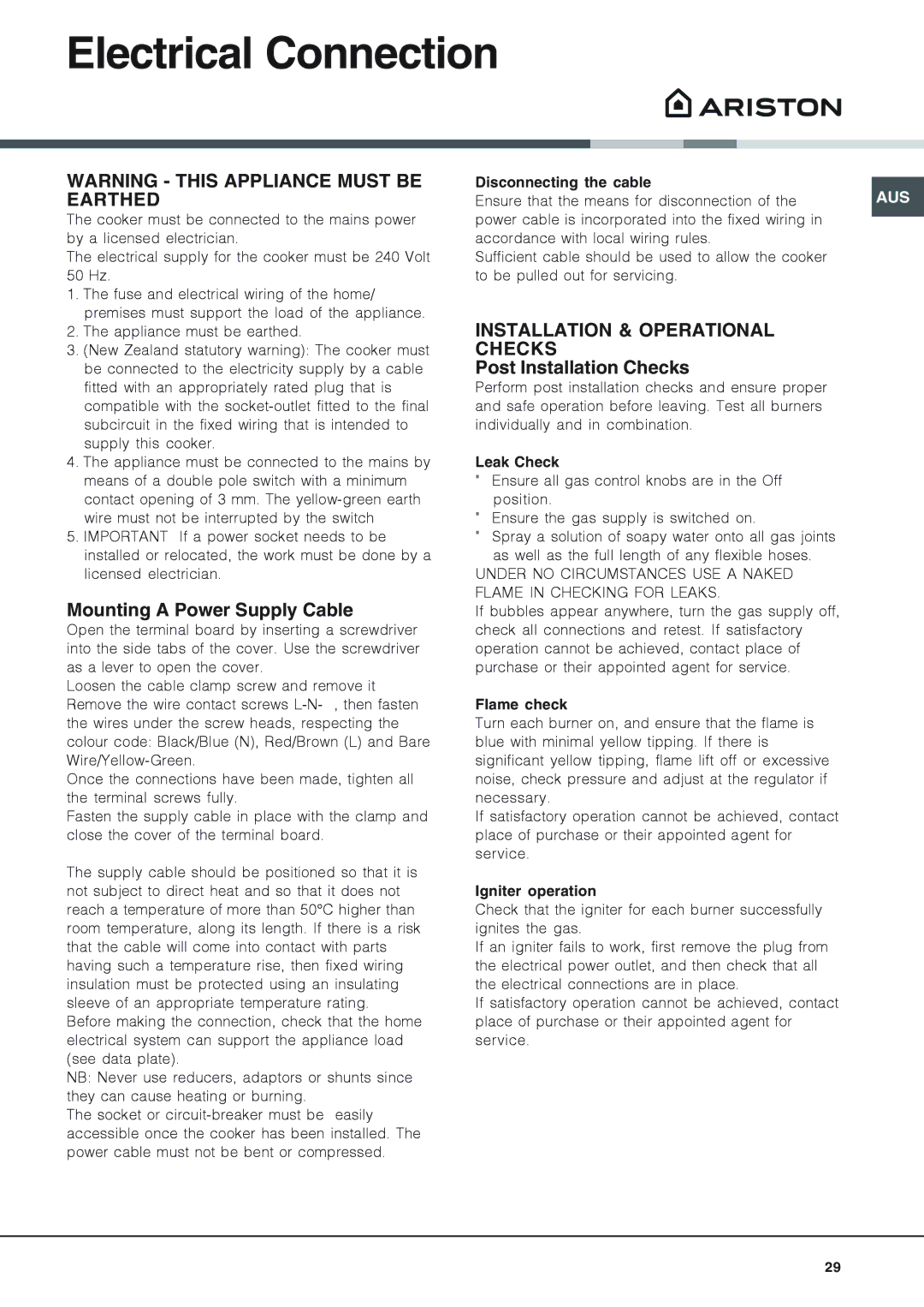 Ariston CX109SV6 installation instructions Electrical Connection, Installation & Operational Checks 