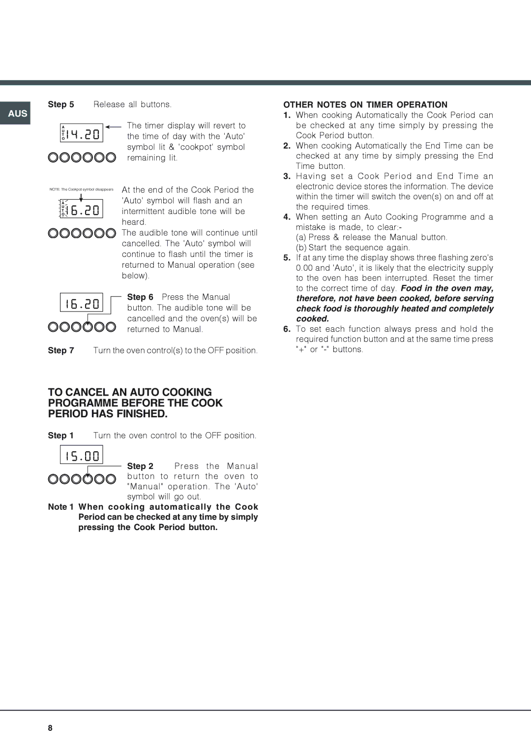 Ariston CX109SV6 installation instructions Other Notes on Timer Operation, When cooking Automatically the Cook Period can 