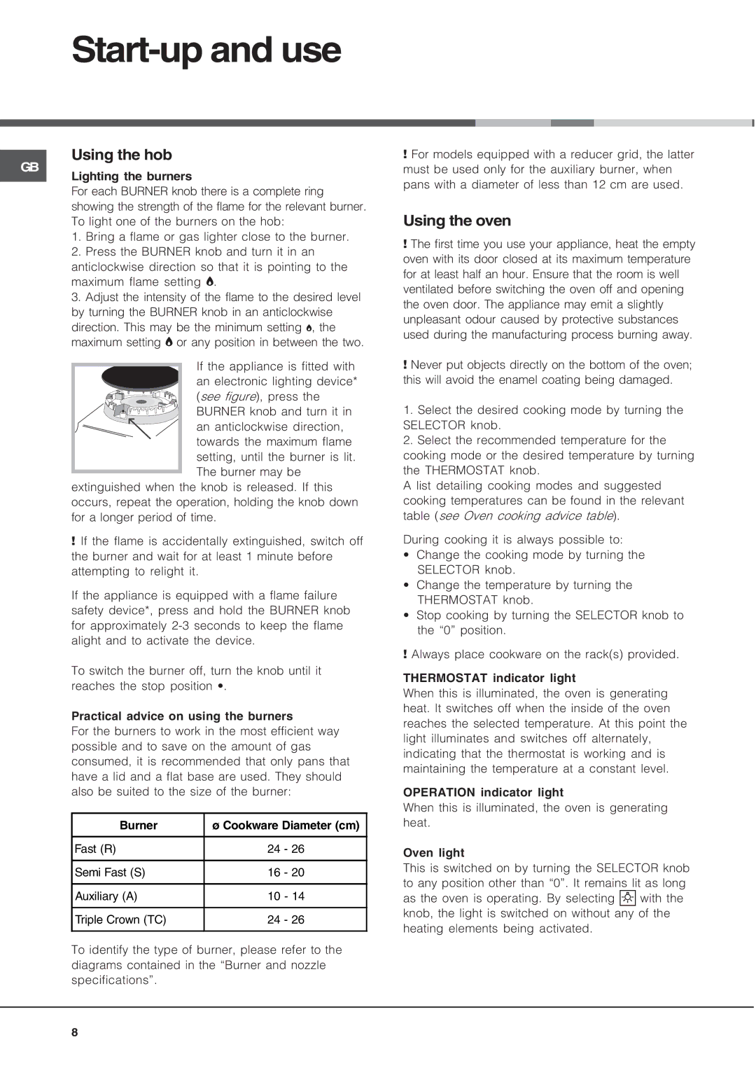 Ariston CX65SM2AUS, CX65SM2XAUS specifications Start-up and use, Using the hob, Using the oven 