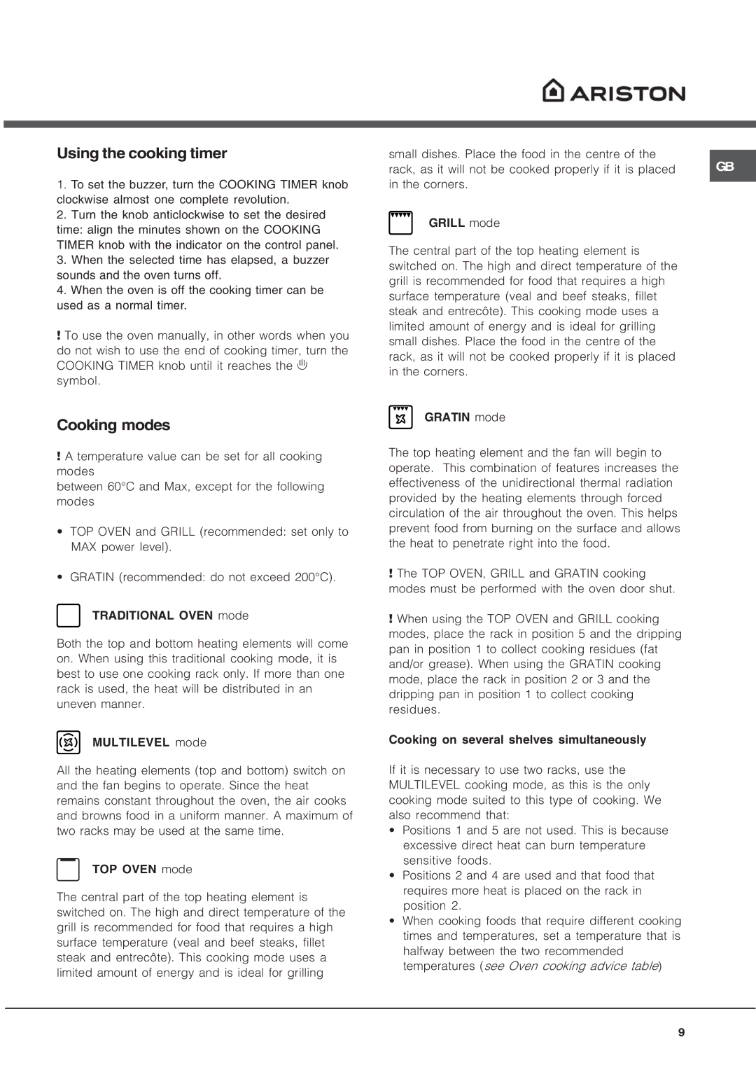 Ariston CX65SM2XAUS, CX65SM2AUS specifications Using the cooking timer, Cooking modes 