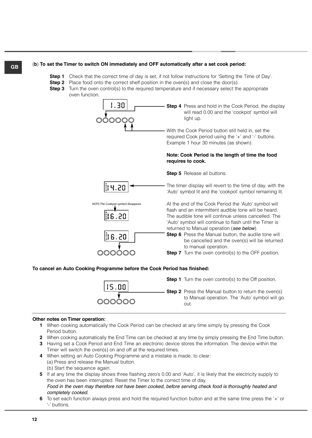 Ariston DB62 installation instructions Other notes on Timer operation 