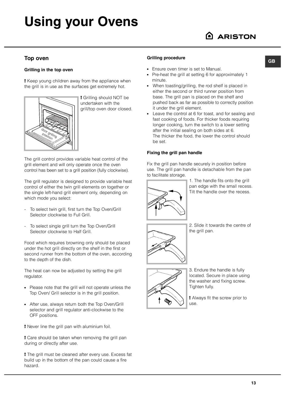 Ariston DB62 Using your Ovens, Top oven, Grilling in the top oven, Grilling procedure, Fixing the grill pan handle 