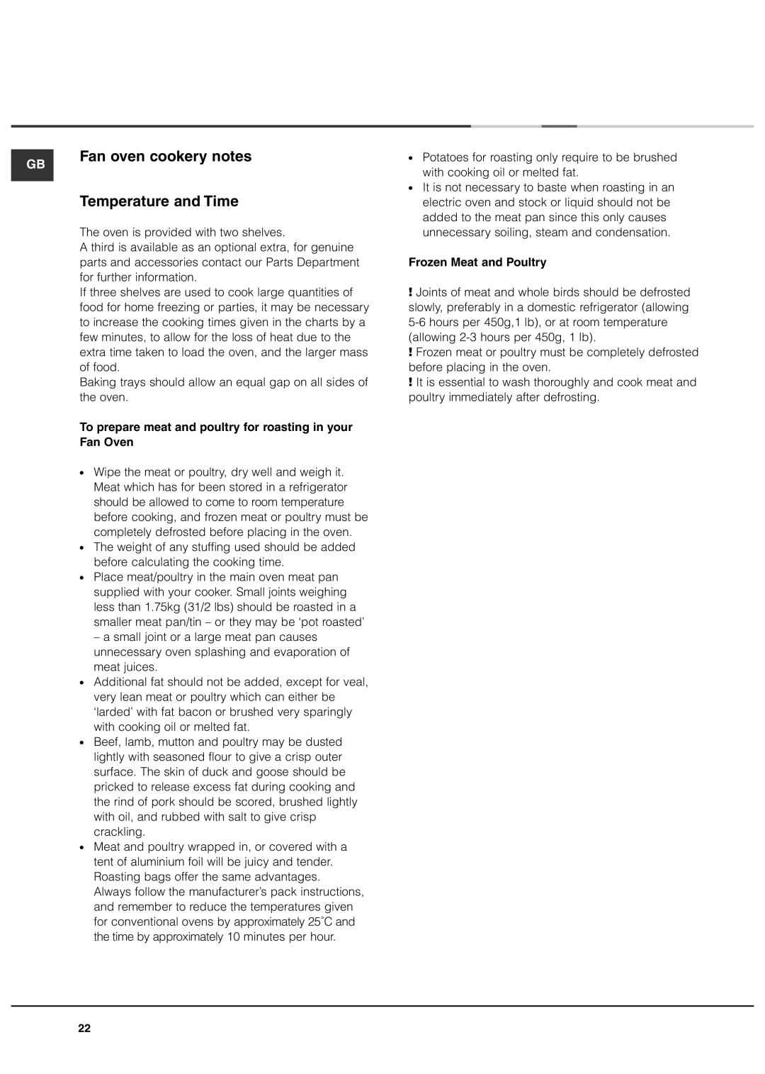 Ariston DB62 Fan oven cookery notes Temperature and Time, To prepare meat and poultry for roasting in your Fan Oven 