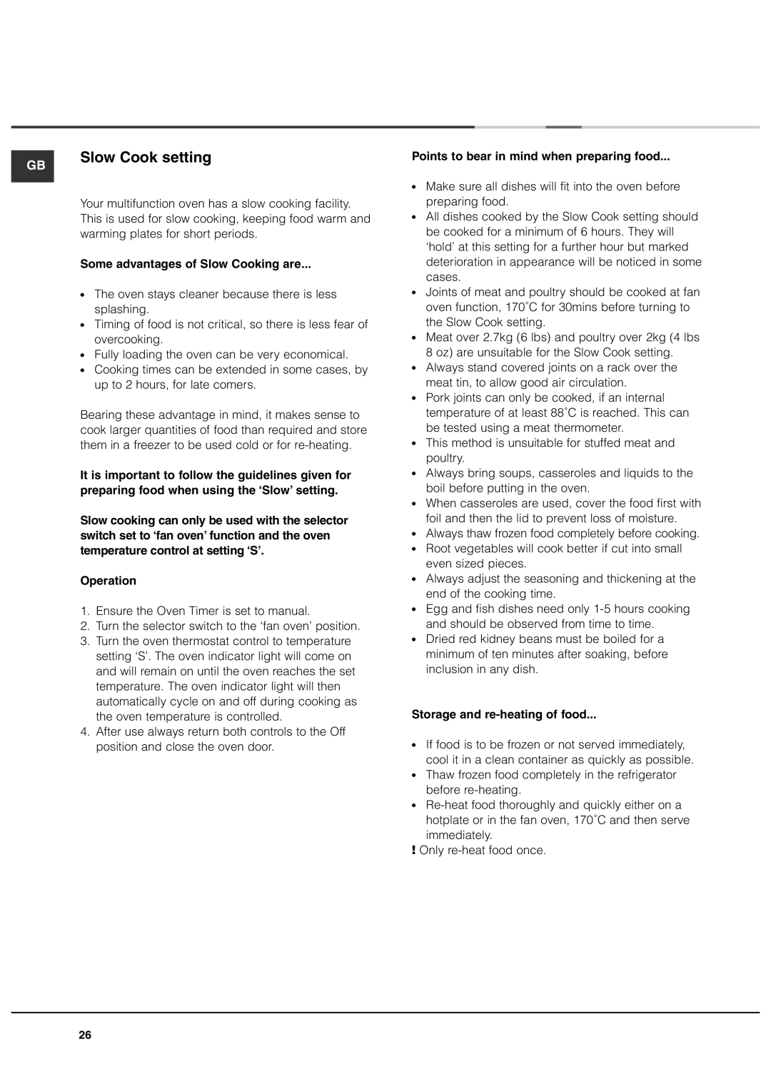 Ariston DB62 Slow Cook setting, Some advantages of Slow Cooking are, Points to bear in mind when preparing food 