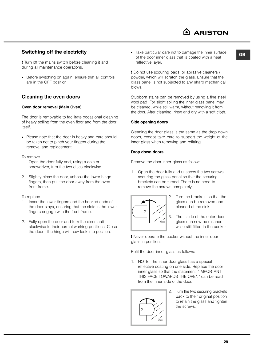 Ariston DB62 Switching off the electricity, Cleaning the oven doors, Oven door removal Main Oven, Side opening doors 