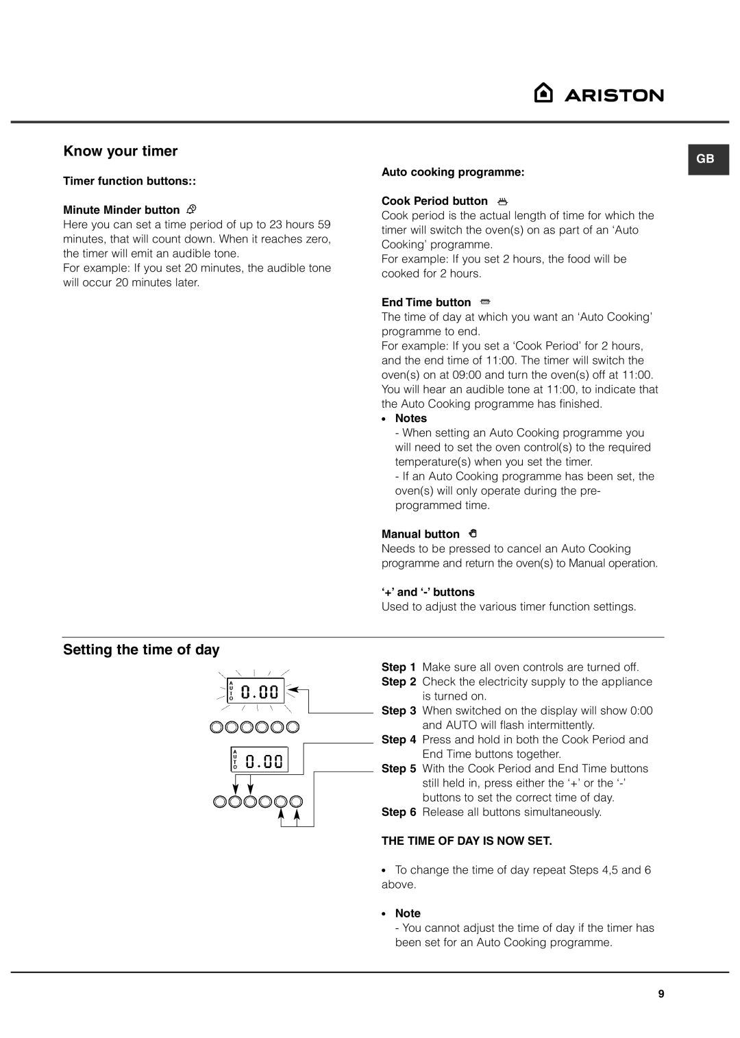 Ariston DB62 installation instructions Setting the time of day 