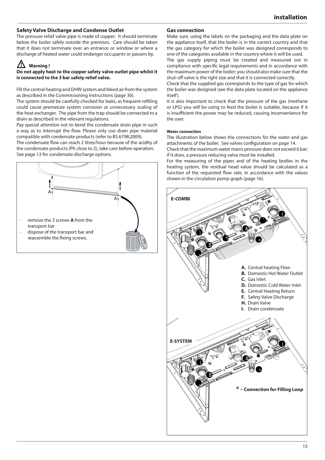 Ariston E-COMBI 24 30 38 manual Safety Valve Discharge and Condense Outlet Gas connection, Connection for Filling Loop 