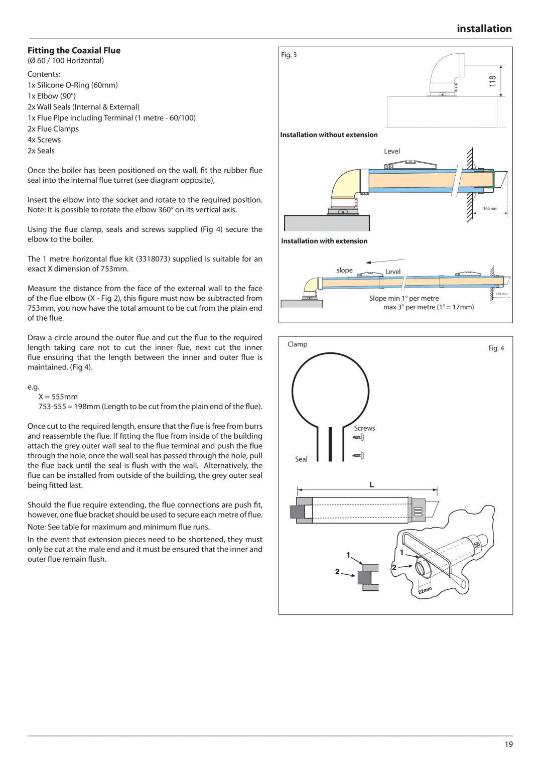 Ariston E-COMBI 24 30 38 manual Fitting the Coaxial Flue, 60 / 100 Horizontal Contents, 4x Screws, 2x Seals 