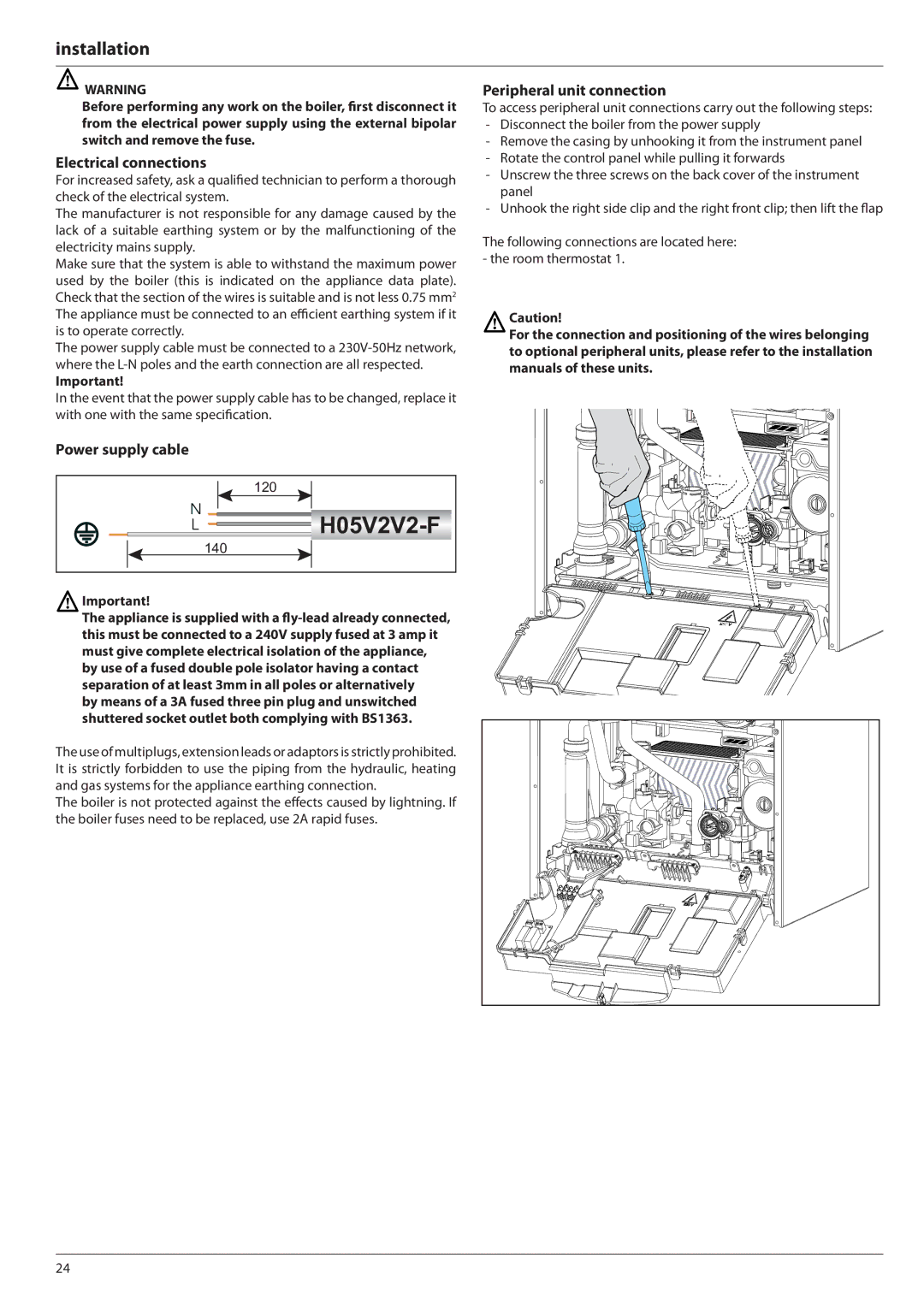 Ariston E-COMBI 24 30 38 manual Electrical connections, Power supply cable, Peripheral unit connection, 120, 140 