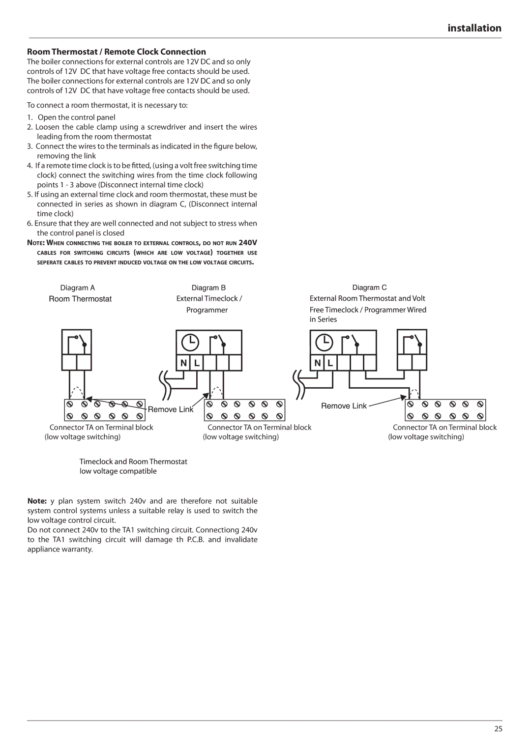 Ariston E-COMBI 24 30 38 manual Room Thermostat / Remote Clock Connection, Connector TA on Terminal block 