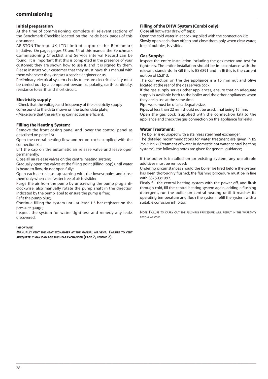 Ariston E-COMBI 24 30 38 manual Initial preparation, Electricity supply, Filling the Heating System, Water Treatment 