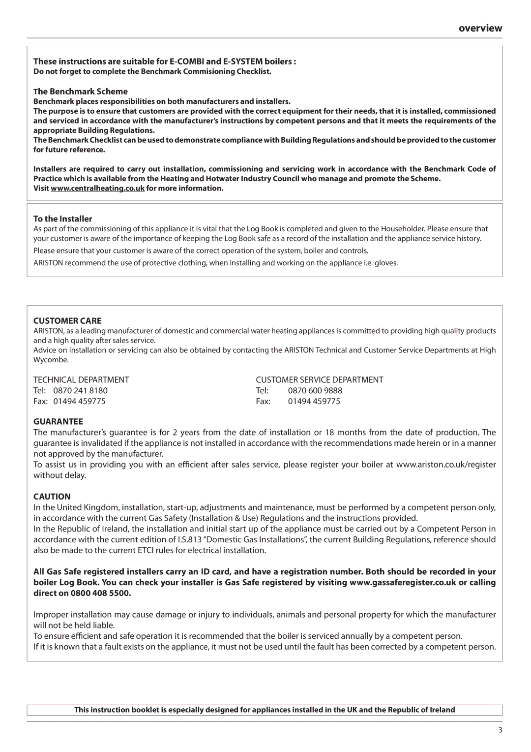 Ariston E-COMBI 24 30 38 manual Overview, Benchmark Scheme, To the Installer 