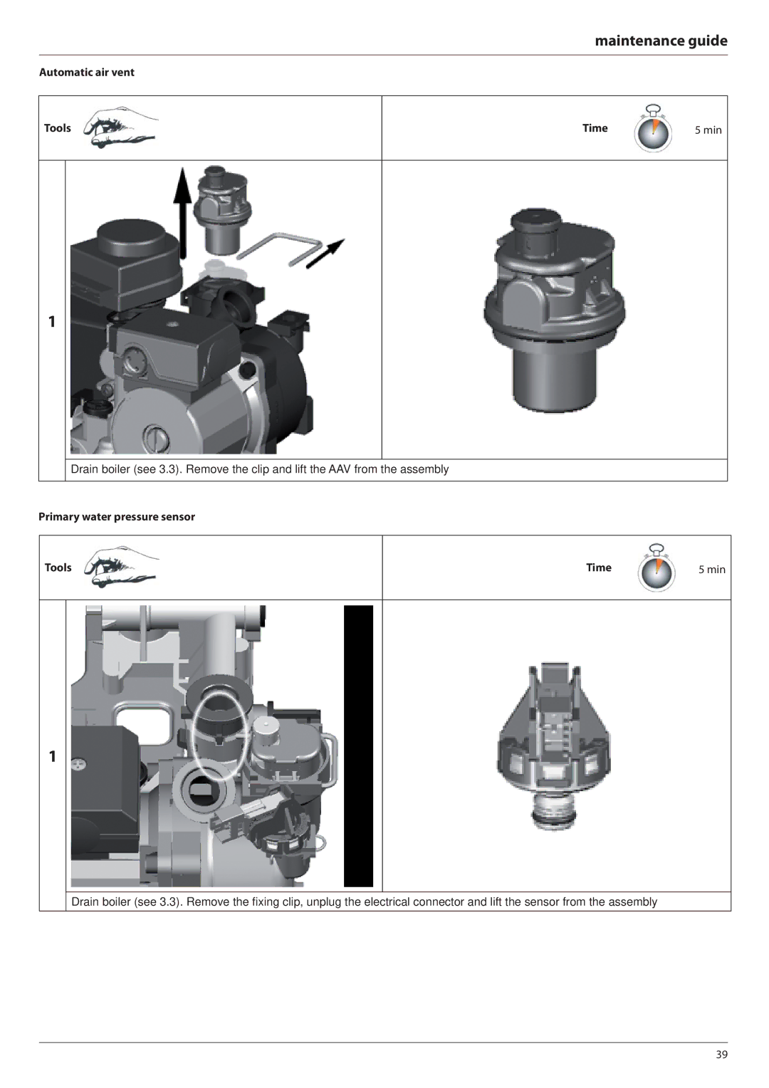 Ariston E-COMBI 24 30 38 manual Automatic air vent Tools Time, Primary water pressure sensor Tools Time 