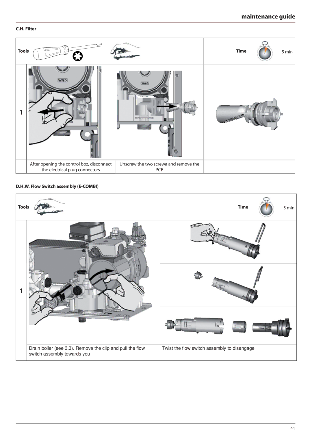 Ariston E-COMBI 24 30 38 manual Filter Tools Time, W. Flow Switch assembly E-COMBI Tools Time 