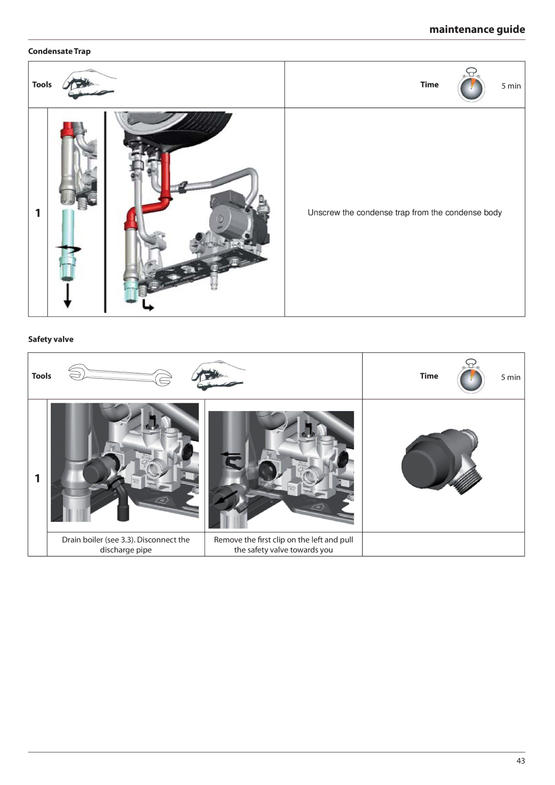 Ariston E-COMBI 24 30 38 manual Condensate Trap Tools Safety valve Time, Unscrew the condense trap from the condense body 