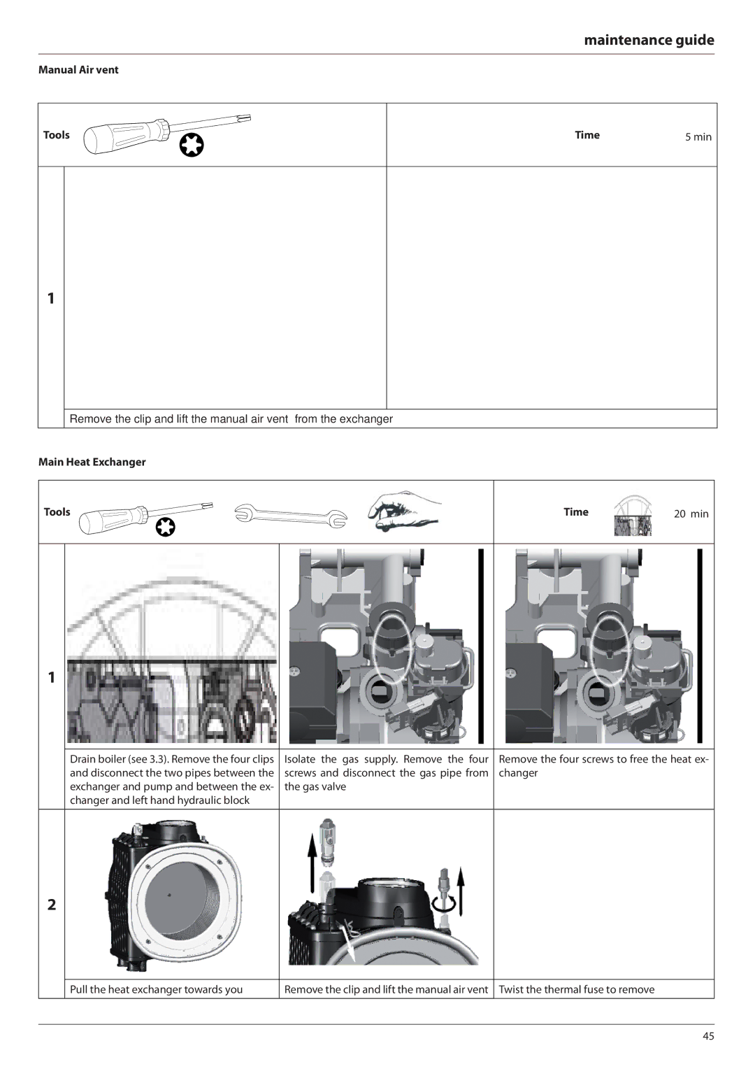 Ariston E-COMBI 24 30 38 manual Manual Air vent Tools Time, Main Heat Exchanger Tools Time, Changer 