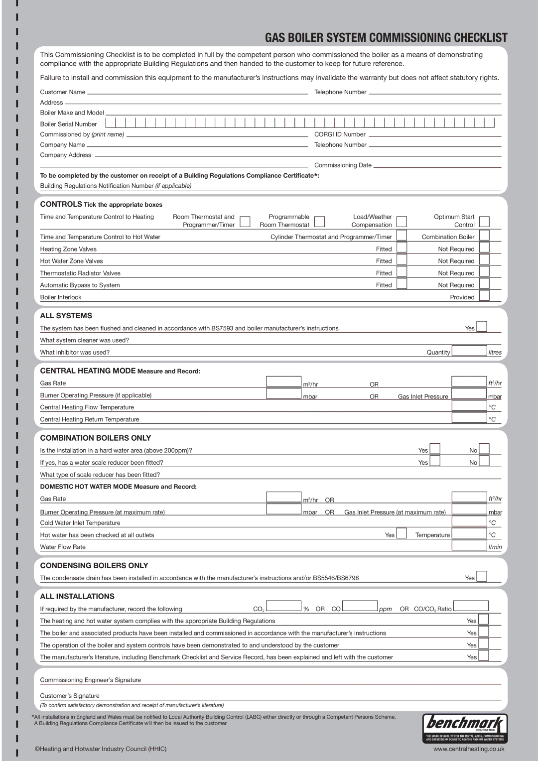 Ariston E-COMBI 24 30 38 manual GAS Boiler System Commissioning Checklist 