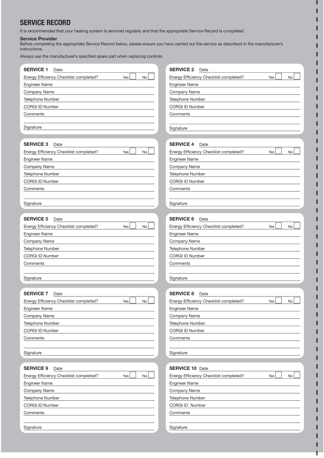 Ariston E-COMBI 24 30 38 Service Provider, Service 1 Date, Service 3 Date, Service 5 Date, Service 7 Date, Service 9 Date 