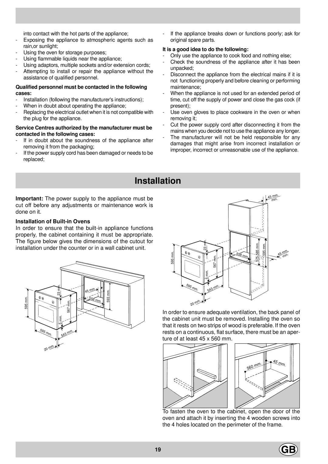 Ariston FD88 manual It is a good idea to do the following, Installation of Built-in Ovens 