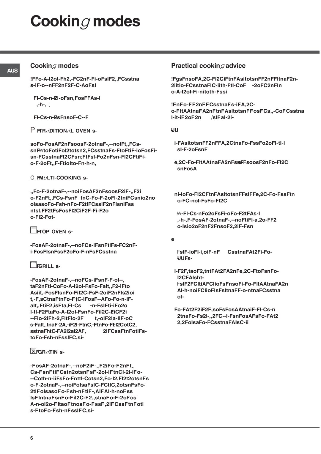 Ariston FH 527 IX AUS, FH 527 AUS manual Cooking modes, Practical cooking advice 