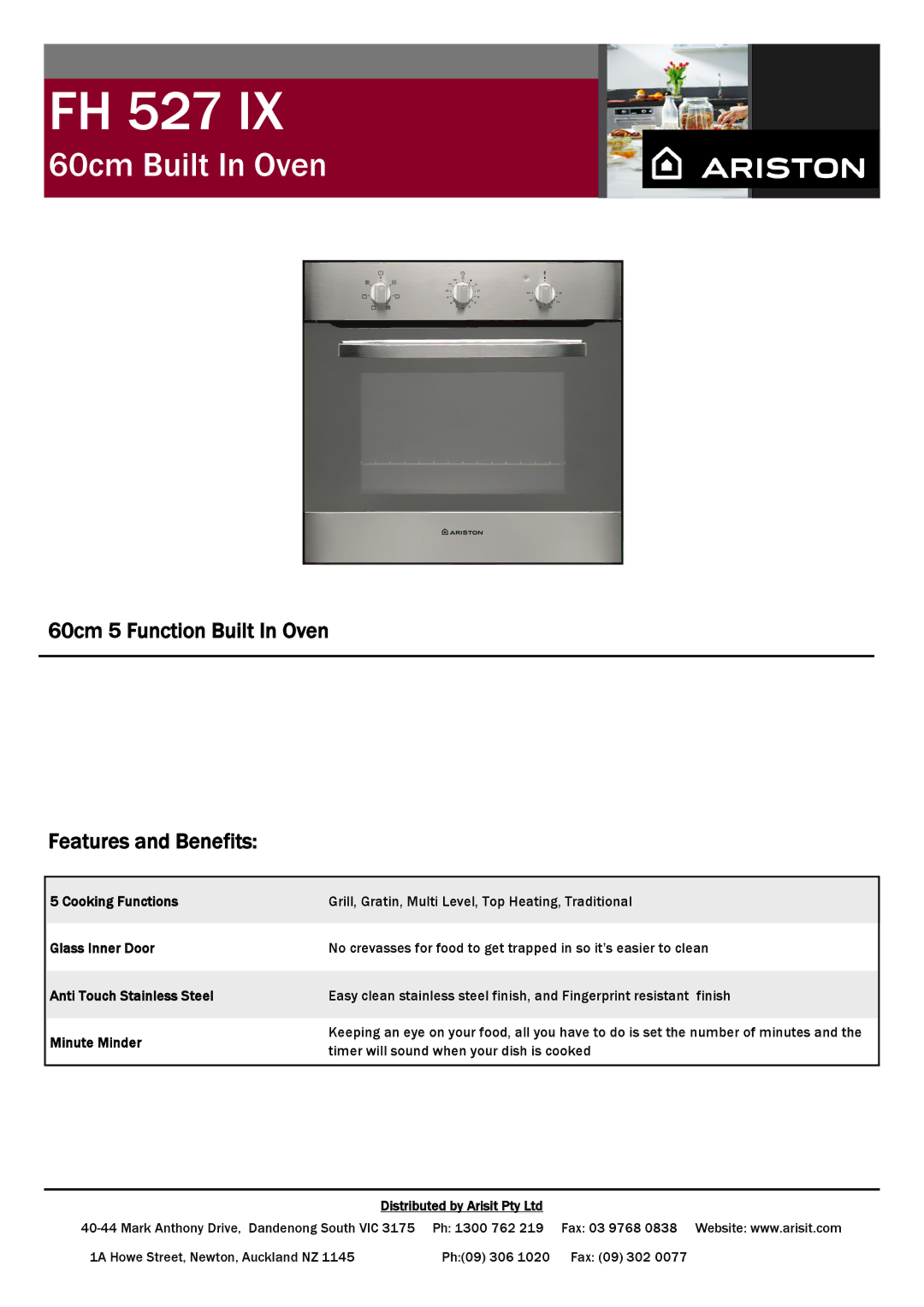 Ariston FH 527 IX manual 60cm Built In Oven, 60cm 5 Function Built In Oven Features and Benefits 