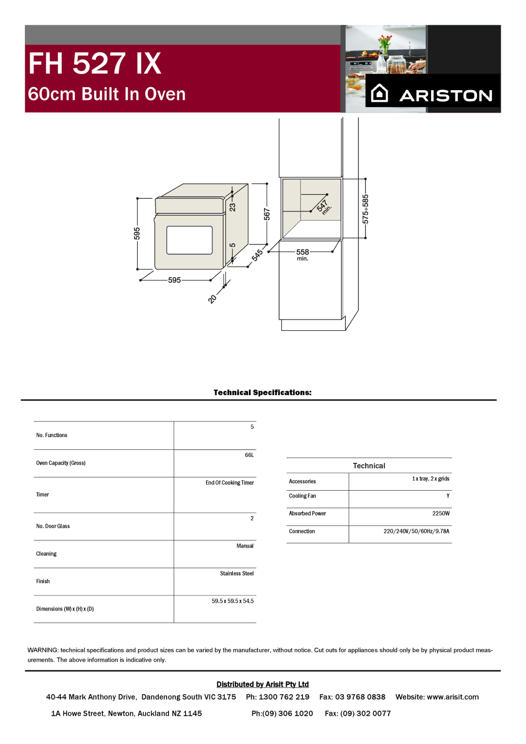 Ariston FH 527 IX manual Technical Specifications 