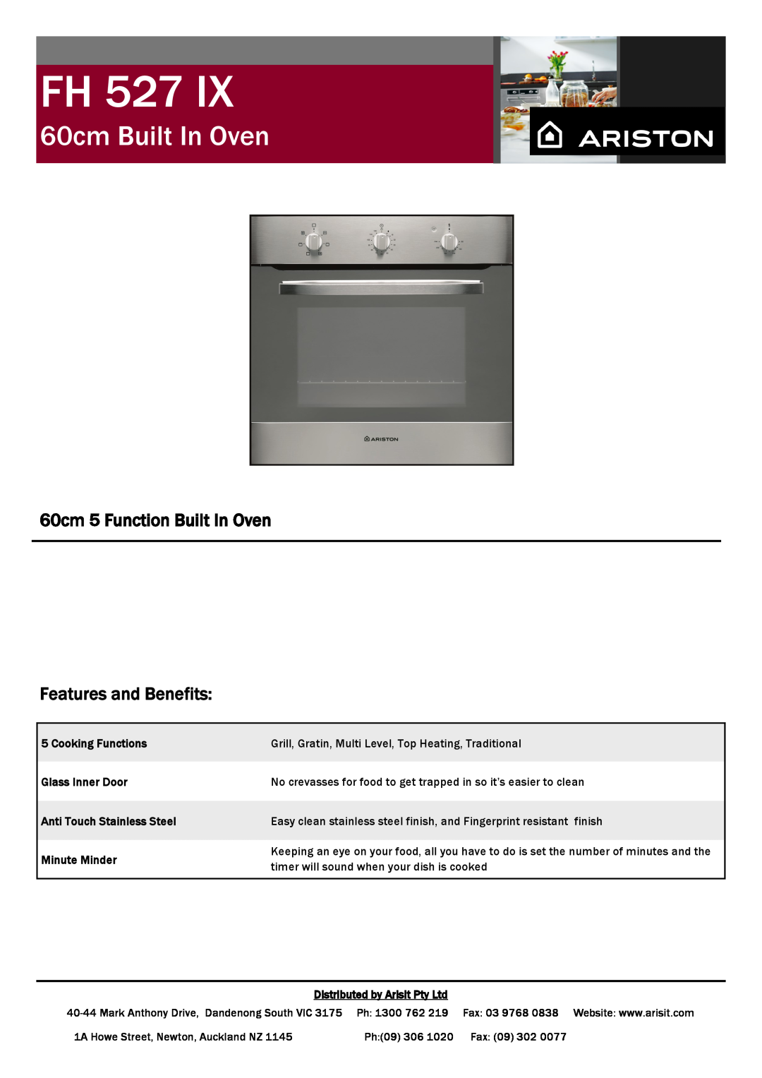 Ariston FH 527 IX manual Fh, 60cm Built In Oven, 60cm 5 Function Built In Oven, Features and Benefits 