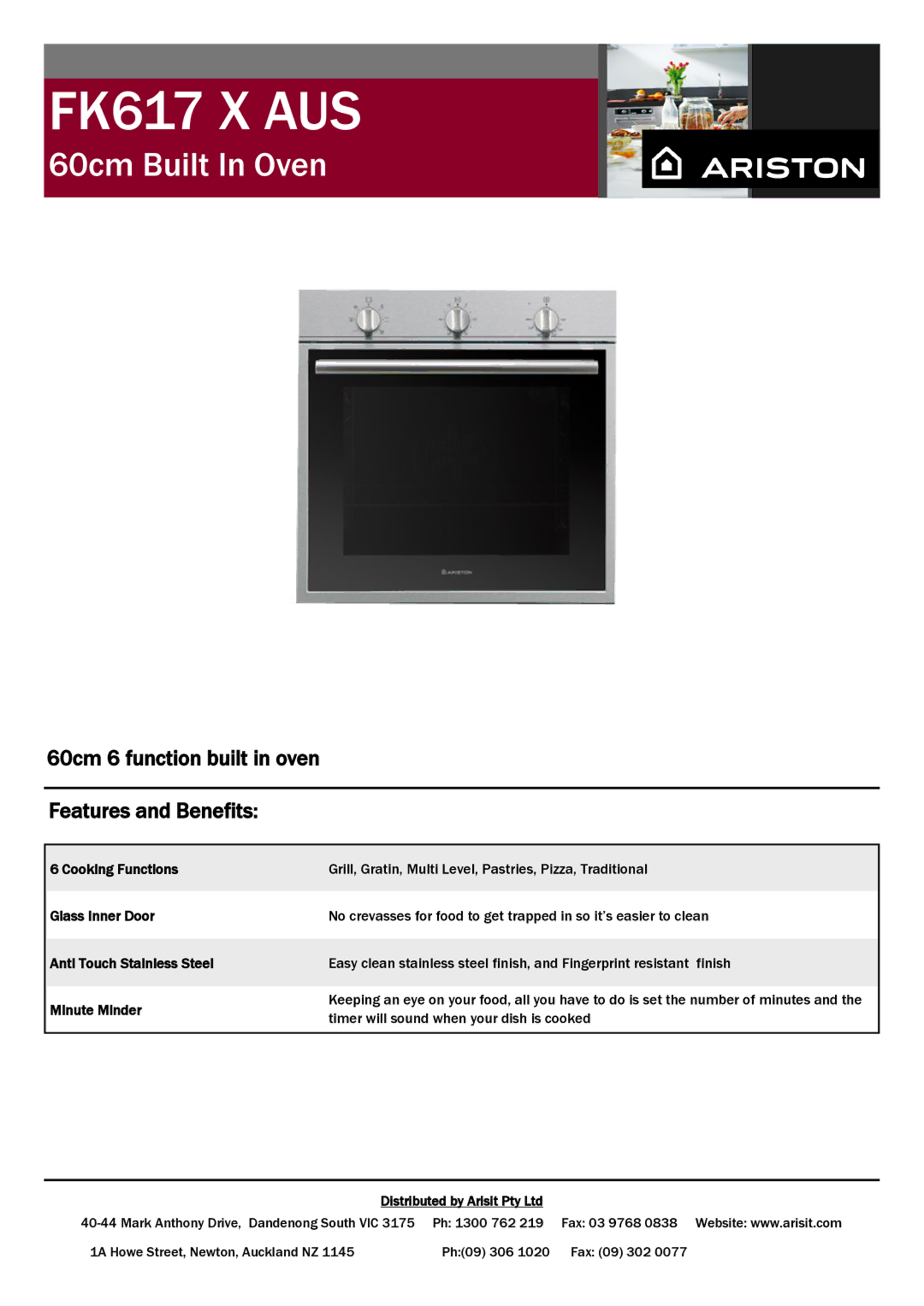 Ariston FK617 X AUS manual 60cm Built In Oven, 60cm 6 function built in oven Features and Benefits 