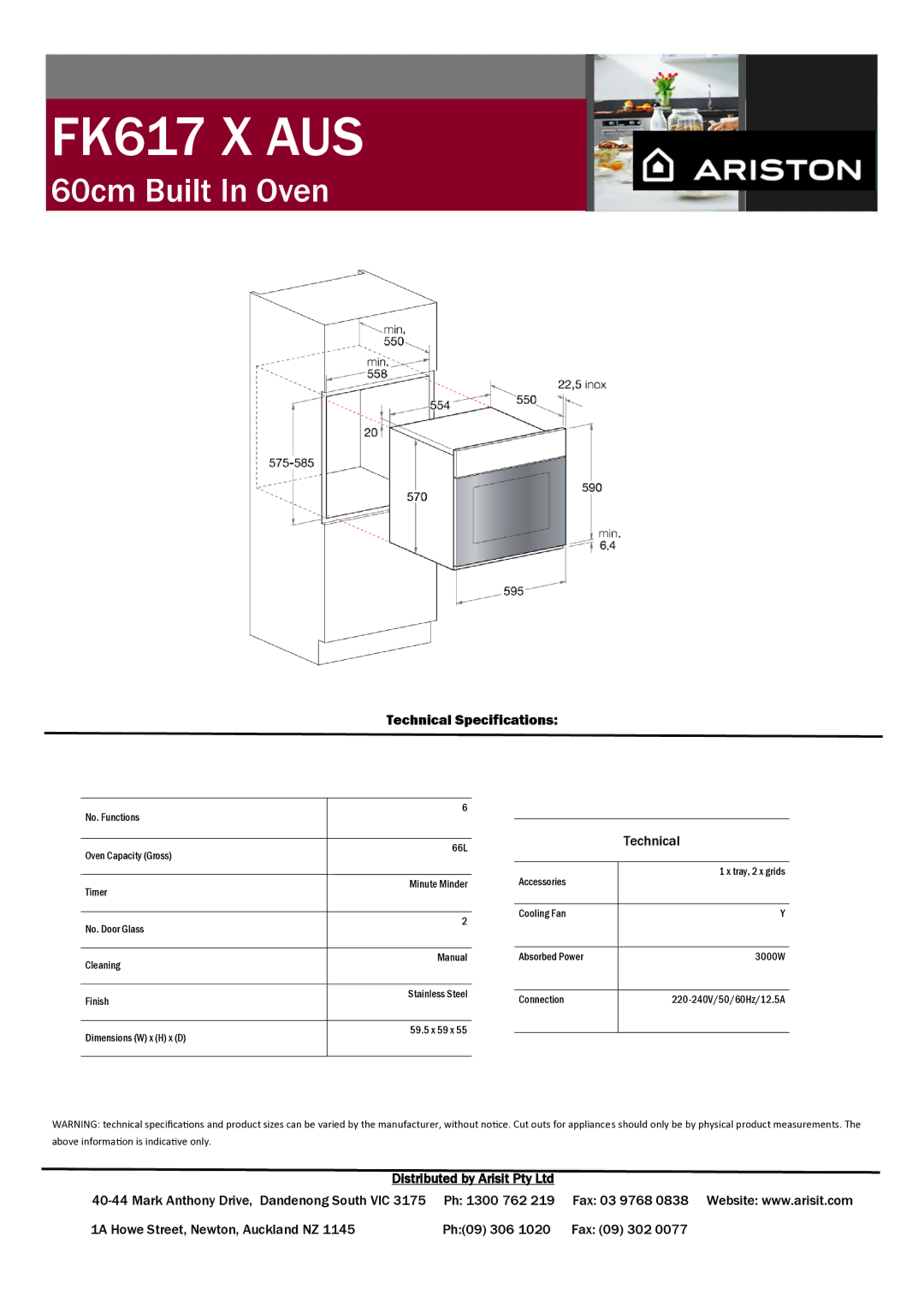 Ariston FK617 X AUS manual Technical Specifications 